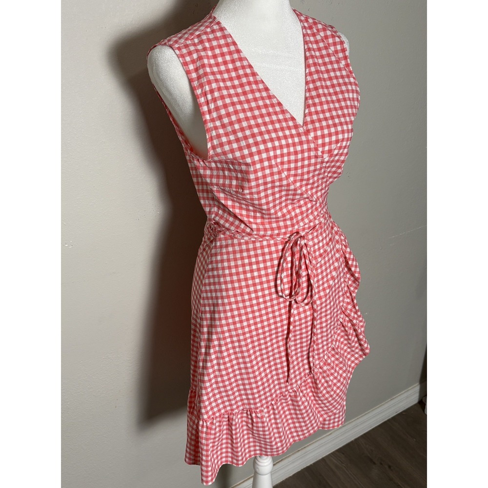Southern Tide Womens Red White Gingham Ruffle Wrap Dress Sleeveless Size M Mini
